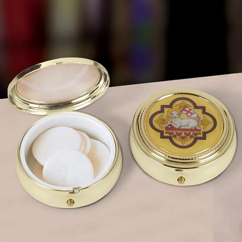 Gold Tone Agnus Dei Lamb of God PYX with Epoxy Lid, 2 1/4 Inch