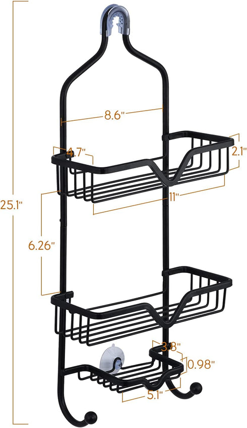 Shower Caddy Over Shower Head, Aluminum Hanging Shower Caddy, Rustproof Shower Organizer Hanging for Shampoo & Soap 3-Tier with 2 Hooks, Black, 25.1" x 11" x 4.7"
