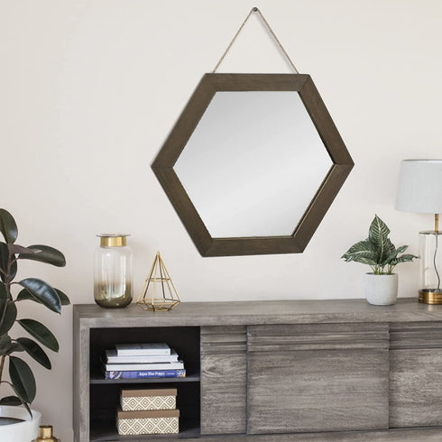 Emfogo Decorative Rustic Wall Mirror with 14 inch Hexagon Wood Framed Mirror for Bathroom,Bedroom,Over Door ,Farmhouse,Vanity, Living Room,Entryway Wall Decor
