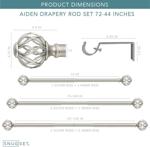 SnugSet | Quick Easy Installation | No Tools Option | 72"-144" Adjustable | 1" Dia. Durable Steel Rod | 4 Brackets Included | Supports Heavy Fabrics | Decorative Nickel Cage Ball Finial