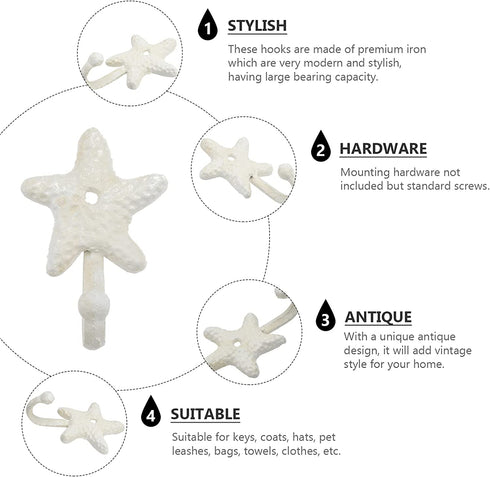 TOPBATHY 3pcs Wall Hooks Sea Star Shape Wall Mounted Decorative Hooks Coat Clothes Hooks Key Hat Hooks Towel Robe Hooks Wall Hangers Nautical Beach Coastal Wall Decorations Ornaments