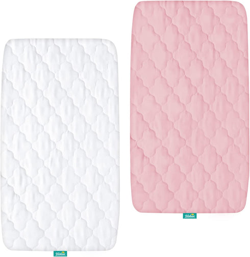 Bassinet Mattress Pad Cover, Waterproof, Fits for All Mainstream Bassinet - Rectangle,Oval,Hourglass, 2 Pack, Ultra Soft Microfiber Surface, Washer & Dryer, White and Pink