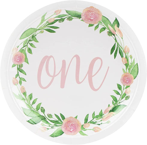 One Birthday Party Plates Girls First Year Floral Decorations Set with Napkins, Cups, Cutlery for 24 Guests (144 Pieces)
