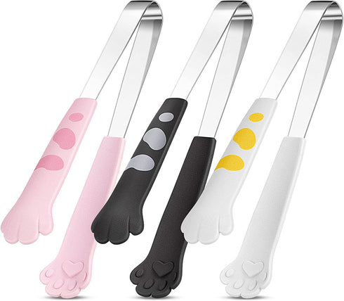 Patelai Cat Tongs 7 Inch Food Clips Kitchen Tongs Cat Paw Shape Tongs Stainless Steel Cooking Tongs for BBQ Cooking Grilling Sweets, Sugar (3, Pink, White, Black), one size