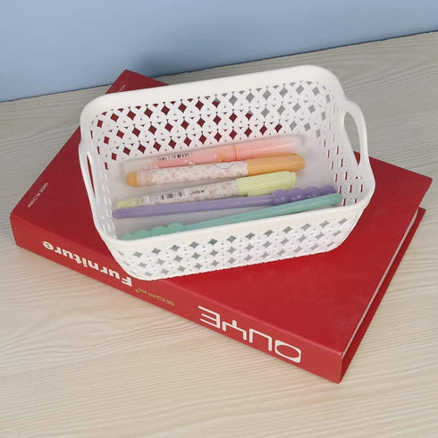 HOMMP 12-Pack White Plastic Woven Storage Basket Tray with Handle (Mini)