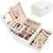Jewelry Box Organizer Three-Layers Leather Jewelry Display Case with Retro Lock and Mirror (Three-Layers, Cream White)