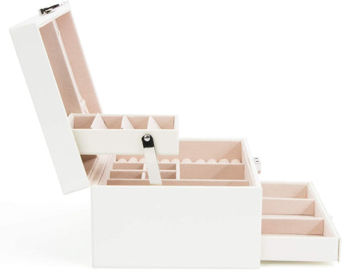 Jewelry Box Organizer Three-Layers Leather Jewelry Display Case with Retro Lock and Mirror (Three-Layers, Cream White)