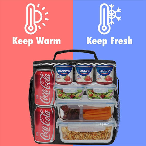 OPUX Insulated Large Lunch Bag for Men Women, Leakproof Thermal Lunch Box for Work, Reusable Lunch Cooler Tote, Soft School Lunch Pail Shoulder Strap, Pockets, 18 Cans, 10L, Black