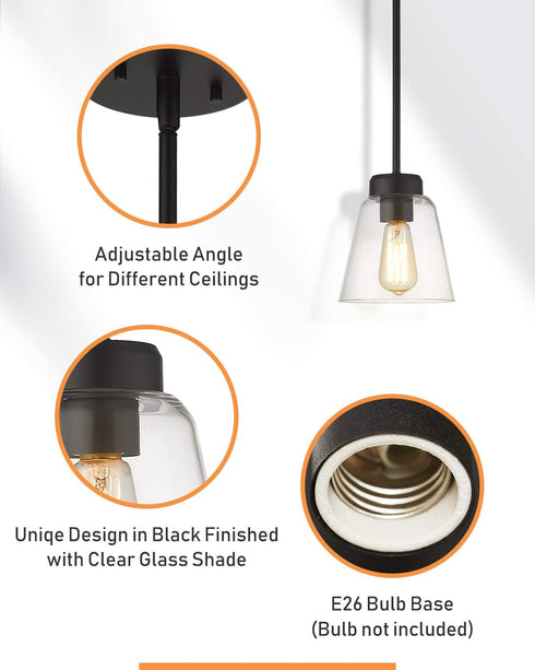 Eapudun Industrial Glass Pendant Light, Single Hanging Pendant Lighting, Matte Black with Clear Glass Shade Classic for Farmhouse, Entryway, Dining Room, Kitchen Island, Foyer , PDA1148-MBK