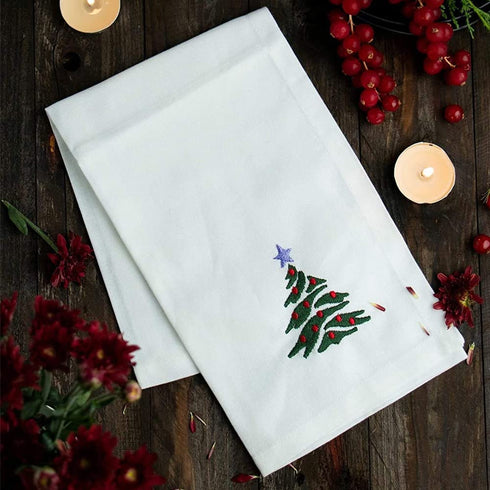 Candy Cottons Christmas Napkins Cloth Napkins,100% Cotton White Napkins - Soft & Comfortable, Reusable Napkins, Perfect Table Napkins, Cocktail Napkins, Christmas Tree Embroidered, 6 Pack (18”X18”)
