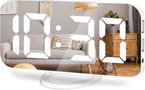 Lamisola Digital Alarm Clock, Large LED Mirror Display, 2 USB Charging Ports?Auto Dim Mode?Modern Design Clock for Bedroom Office, White