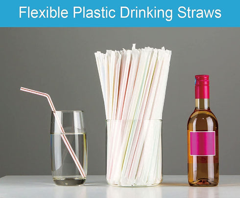 500 Pcs 8.27 Inch Colorful Flexible Plastic Drinking Straws,Individually Wrapped , Bendable,Disposable,Thick Straw for Party, for Use with Any Jumbo Cup or Water Bottle,BAP Free, Dia 0.24inch