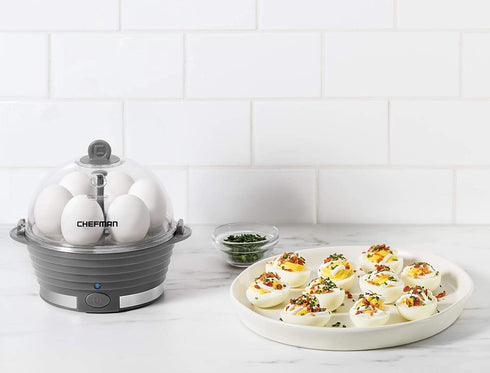 Chefman Electric Egg Cooker Boiler, Rapid Egg-Maker & Poacher, Food & Vegetable Steamer, Quickly Makes 6 Eggs, Hard, Medium or Soft Boiled, Poaching/Omelet Tray Included, Ready Signal, BPA-Free, Grey