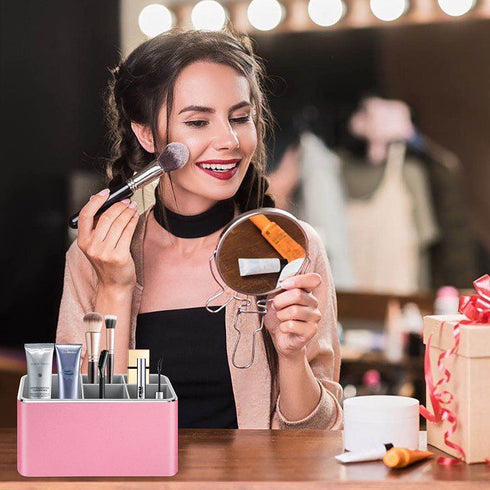 Toothbrush Holder with Draining Tray, Multi-Functional 5 Slots Aluminum Alloy Toothbrush Holder for Bathroom, Vanity Countertops and Office Desk (Rose Gold)
