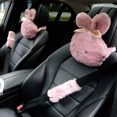 MeiBoAll Car Headrest Pillow, 2pcs Cute Cartoon Car Headrest Neck Support Cushion Plush Rabbit Automotive Interiors Trim Decoration Mounted Headrest Pillows for Car Front Seats, White