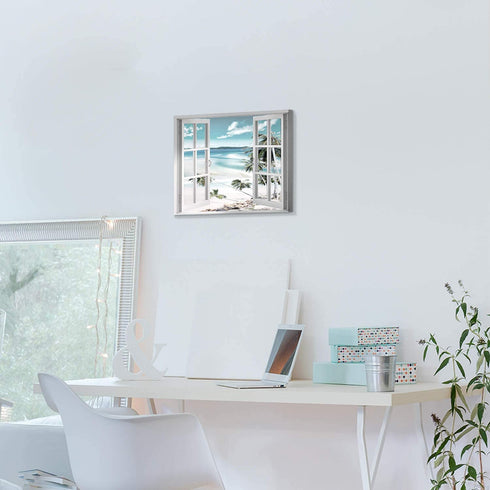 Open Windows Canvas Wall Art: Beach Coastal Palm Graphic Artwork Print on Wrapped Canvas Small for Bedroom(16''x12'')