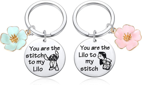 Stitch and Lilo Inspired Keychain Gift - You are The Lilo to My Stitch Keychains Cosplay Stich Jewelry Blue Pink Hibiscus Flowers Key Chains for Fans Collectors Friends Bestie BFF Keyring (2 Pack)