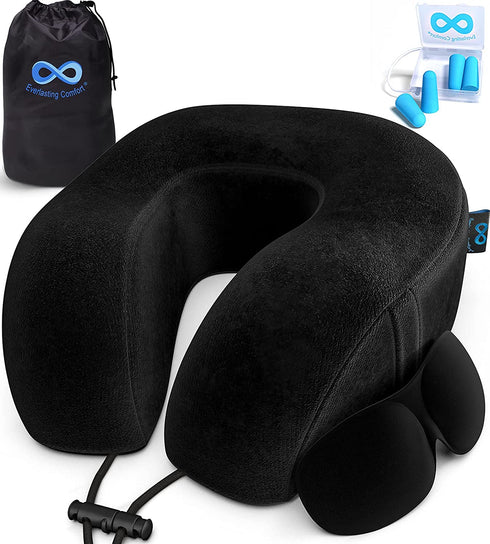 Everlasting Comfort Memory Foam Travel Pillow - Airplane Neck Rest & Plane Accessories (Black)