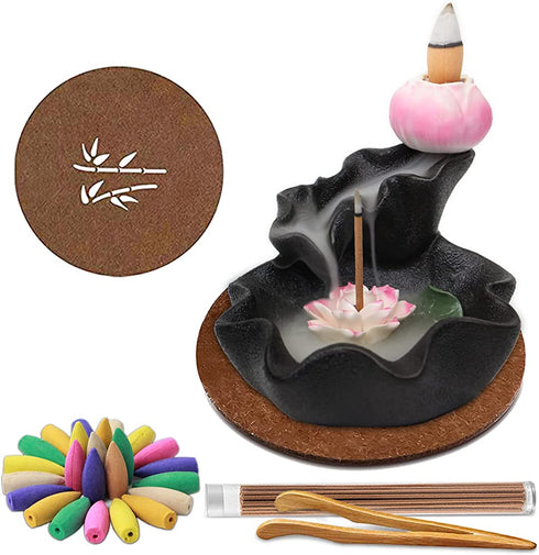 prosfalt Ceramics Waterfall Backflow Incense Holder Burner,Incense Seat with 50 Backflow Incense Cones+35 Incense Sticks Aromatherapy Home Decor Can Anxiety Relief Pressure -Black