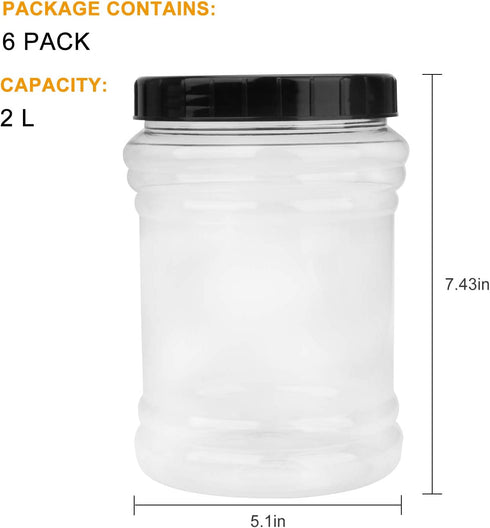 70oz / 2L Durable Plastic Jars, Accguan Clear Container for Food Storage, Airtight Plastic Jars Ideal For Dry Food, Dog Food and Washing Powder Storage, 6 PACK
