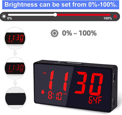 BOCTOP Desk Digital Alarm Clock, Large Numbers Red 6" LED Display, with USB Port for Charging, 0-100% Brightness Dimmer, Temperature, Snooze , Adjustable Alarm Volume?Small Bedside Clocks.