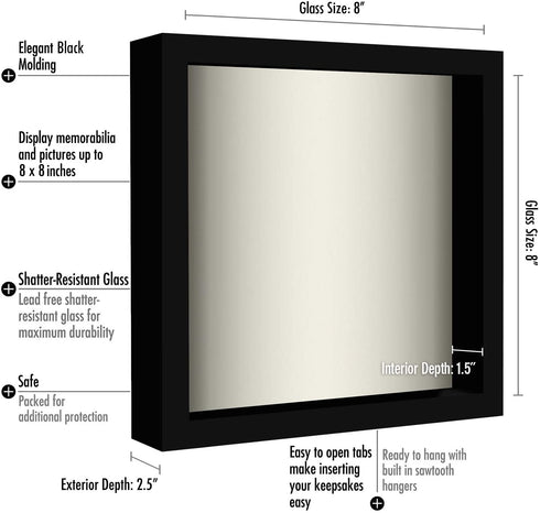 Americanflat 8x8 Shadow Box Frame in Black with Soft Linen Back-Composite Wood with Shatter Resistant Glass for Wall and Tabletop