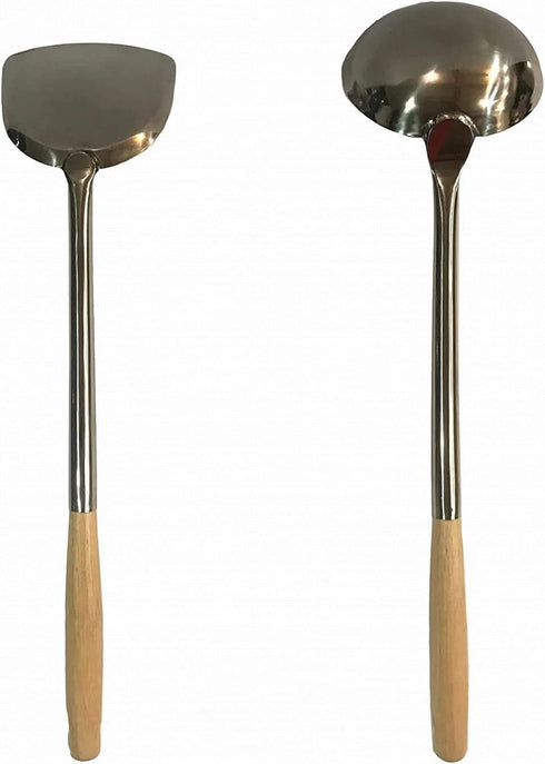 Wok Utensils Set 1 Wok Spatula & 1 Wok Ladle Set Large Size L17.5' x 5' Chinese Cooking Tools Wok Spoon & Wok Turner Cooking Utensils Set Wok Tools Wok Accessories Chuan Hoak Quality Stainless Steel