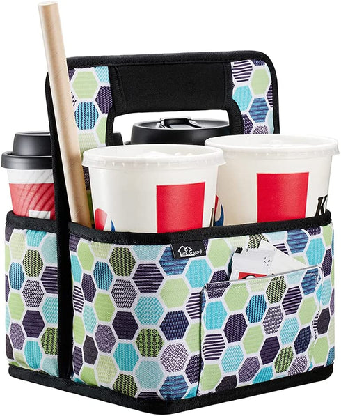 Drink Carrier Reusable Coffee Cup Carrier Bag Water Beer Bottle Holder Bag in Car Padded Beverage Holder Bag with Adjustable Dividers Fits 16-24OZ Coffee Cups Take Out (Green Geometric)