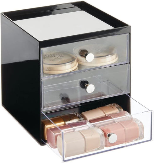 mDesign Plastic Makeup Organizer Storage Station Cube with 3 Drawers for Bathroom Vanity, Cabinet, Countertops - Holds Lip Gloss, Eyeshadow Palettes, Brushes, Blush, Mascara - Black/Clear