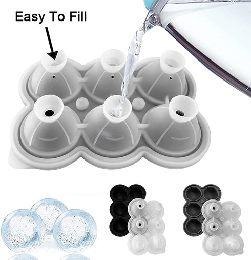 LiyuanQ Ice Cube Trays 2 Pack Large Silicon Ice Cubes Mold 2-Inch Ice Ball Maker Round Ice Mold with Funnel and Lid, Easy-Release, No Leakage, for Whiskey, Cocktail, Juice, Party (Black & Grey)
