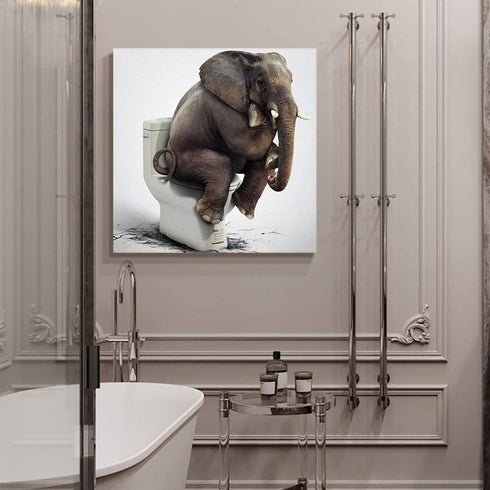Chucoco Oil Paintings on Canvas Funny Elephant Sitting on the Toilet Abstract Wall Art Print with Framed Ready to Hang, Living Room Kitchen Bedroom Home Decorations 16x16 inch
