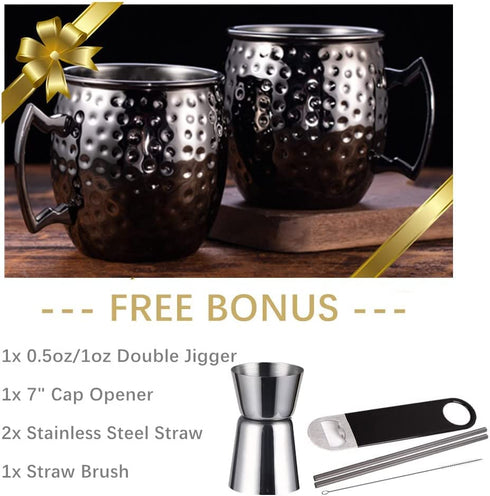 Moscow Mule Mugs Set of 2 - Black Plated Hammered Mugs 18 oz/ 550ml With Brass Handle and Stainless, Unlined Cups For Moscow Mule Cocktails and other Chilled Drinks (Black) SC020