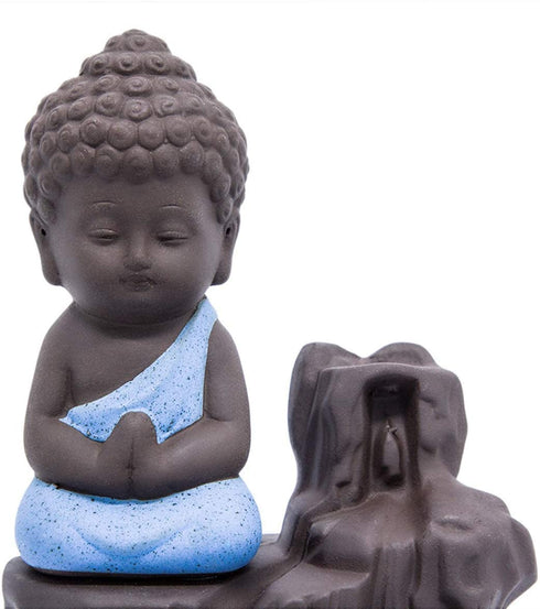 JULAN Incense Burner Backflow Tower Cones Incense Stick Holder Ceramic Porcelain Buddha Waterfall Monk Ash Catcher with 40 Backflow Incense Cones for Home Office Yoga Decor Aromatherapy Ornament