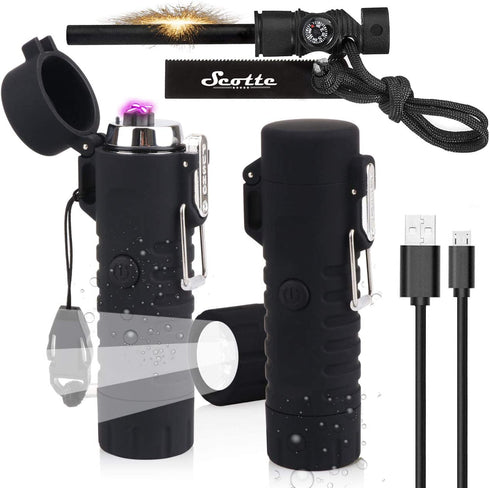 Scotte Plasma Windproof arc Lighter Electric Lighter and LED Flashlight - 2 in 1 (Black)/5-in-1 Magnesium Fire Starter for Emergency Survival Kits, Camping, Hiking, All-Weather Magnesium Ferro Rod