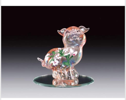 Everspring Imports Painted Blown Glass Pig on Oval Mirror Figurine