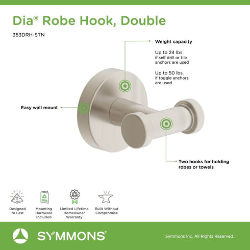 Symmons 353DRH-STN Dia Wall-Mounted Double Robe Hook in Satin Nickel