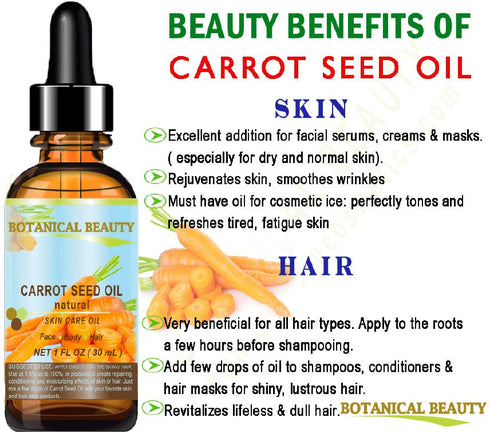 CARROT SEED OIL 100 % Natural Cold Pressed Carrier Oil. 0.33 Fl.oz.- 10 ml. Skin, Body, Hair and Lip Care. "One of the best oils to rejuvenate and regenerate skin tissues.” by Botanical Beauty