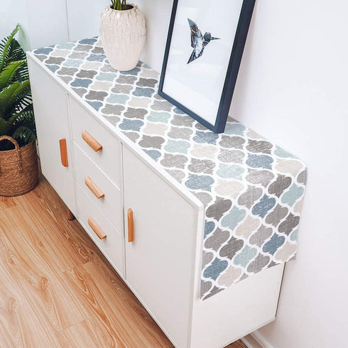 Moroccan Table Runner-Cotton linen-Small 36 inche Geometric Quatrefoil Lattice Dresser Scarves,Kitchen Coffee/Dining Farmhouse Tablerunner for Home Living Room,Holiday Dinner Scarf Décor,Blue Grey