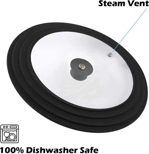 Houseables Pot Lid, Pan Cover, Universal, Silicon, Tempered Glass, Black, Fits 10", 11", 12", 4mm Thick, Vented, Replacement Top for Crockpot, Cast Iron Skillet, Heat Resistant Handle, Dishwasher Safe