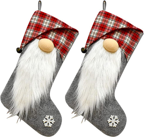 Sucpur 2Pcs Christmas Stocking, 17.7x7.87inch Beard Plaid Red Grey Faceless Doll Christmas Stocking Rudolph Print Xmas Stockings Sock Gift Bag Pendant Stocking Hot Snowman Decorations