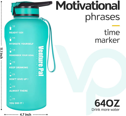 Venture Pal Water Bottle with Motivational Time Marker & Straw, BPA Free Leak Proof Water Jug to Remind You Drink More Water for Fitness and Outdoor Enthusiasts