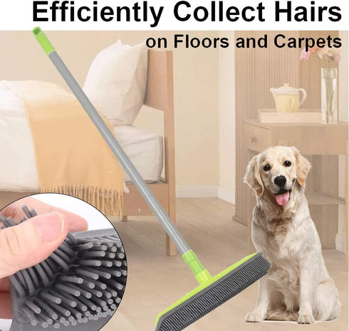 Pet Hair Removal Rubber Broom with Squeegee,Soft Push Broom,Pole:59'' ,Carpet Sweeper, Adjustable Long Handle, Removal Pet Human Hair,Green