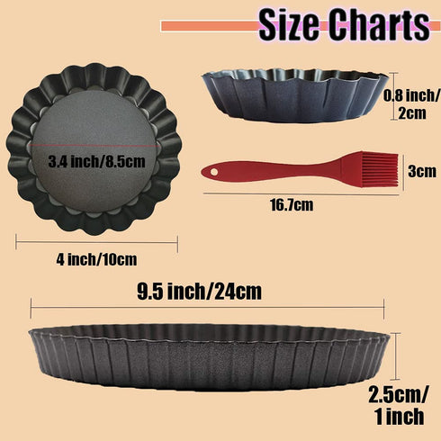 8 Pack Tart Pan 9.5 Inch & 4 Inch Mini Tart Pans Removable Bottom Quiche Pan Non-Stick Deep Baking Dish Pie Pan Heavy Duty Carbon Steel for Mousse Cakes, Dessert Baking- 1 Silicone Oil Brush