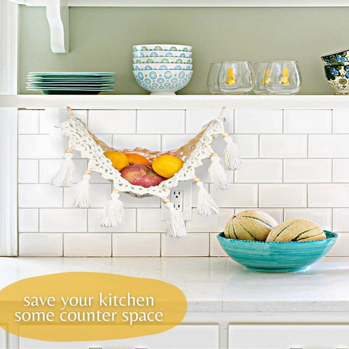 Kitchen Fruit Hammock Under Cabinet by Basket Mama - Handwoven Knitted Hanging Fruit Basket to Save Kitchen Counter Space - Boho Soft Design