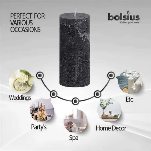BOLSIUS Rustic Anthracite (Black) Unscented Pillar Candles - 2.75" X 7.5" Decoration Candles Set of 3 - Clean Burning Dinner Candles for Wedding & Home Decor Party Restaurant Spa- Aprox (190/68m)