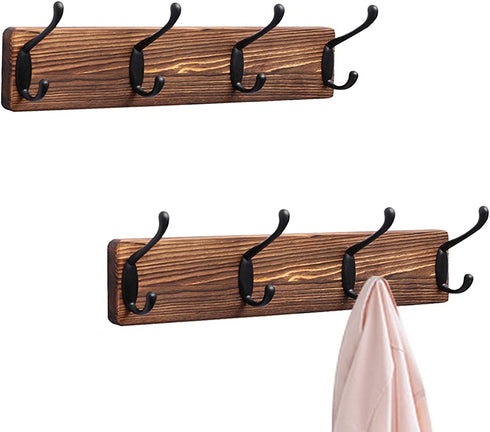 OROPY Rustic Wooden Coat Rack 2 Pack, Wall Mounted Heavy Duty Pine Wood Hat Hanger with 4 Black Metal Hooks for Entryway Bathroom Closet Organizer, Burnt Wood Color