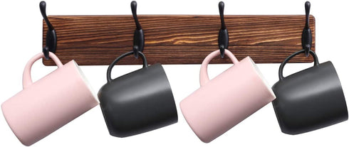 OROPY Rustic Wooden Coat Rack 2 Pack, Wall Mounted Heavy Duty Pine Wood Hat Hanger with 4 Black Metal Hooks for Entryway Bathroom Closet Organizer, Burnt Wood Color