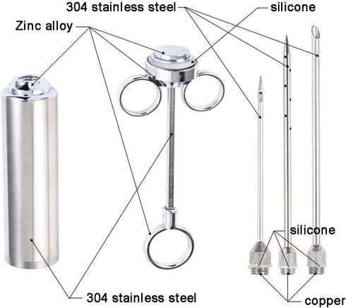 UikieGo 2oz Heavy duty 304 Stainless Steel Meat Marinade Injector Include User Manual (Paper Book) and BBQ Guide E-Book (PDF) for Smoker BBQ Grill Roast (Stoage Bag)
