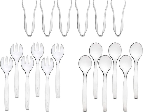 Disposable Serving Utensils, Plastic Serving 10" Spoons 10" Forks & 6" Tongs 6 Of Each, Pack of 18. … (Clear)