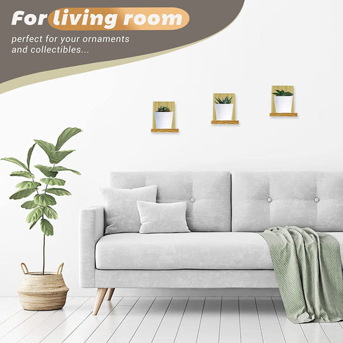 Small Floating Shelf for Wall, 4 Inch Natural Wood Wall Shelves Display Ledges for Small Plant Wall Shelf Compact Style Decor Mini Hanging Display Shelves for Livingroom Bedroom, Pine Wood, Set of 3